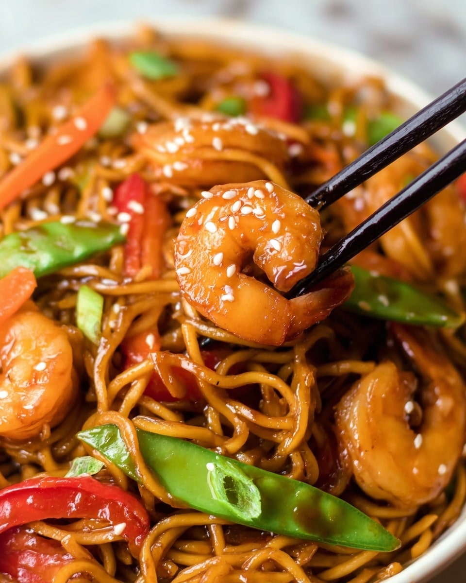 A close-up of a white bowl filled with stir-fried noodles that have a glossy, brown sauce coating. The dish has several curled, orange shrimp sprinkled with white sesame seeds on top. Mixed in are bright green snap peas and thin, orange carrot strips along with rings of red bell pepper. Black chopsticks hold one shrimp wrapped with some noodles and a piece of red bell pepper. The background is a white marbled texture. photo taken with an iphone --ar 4:5 --v 7