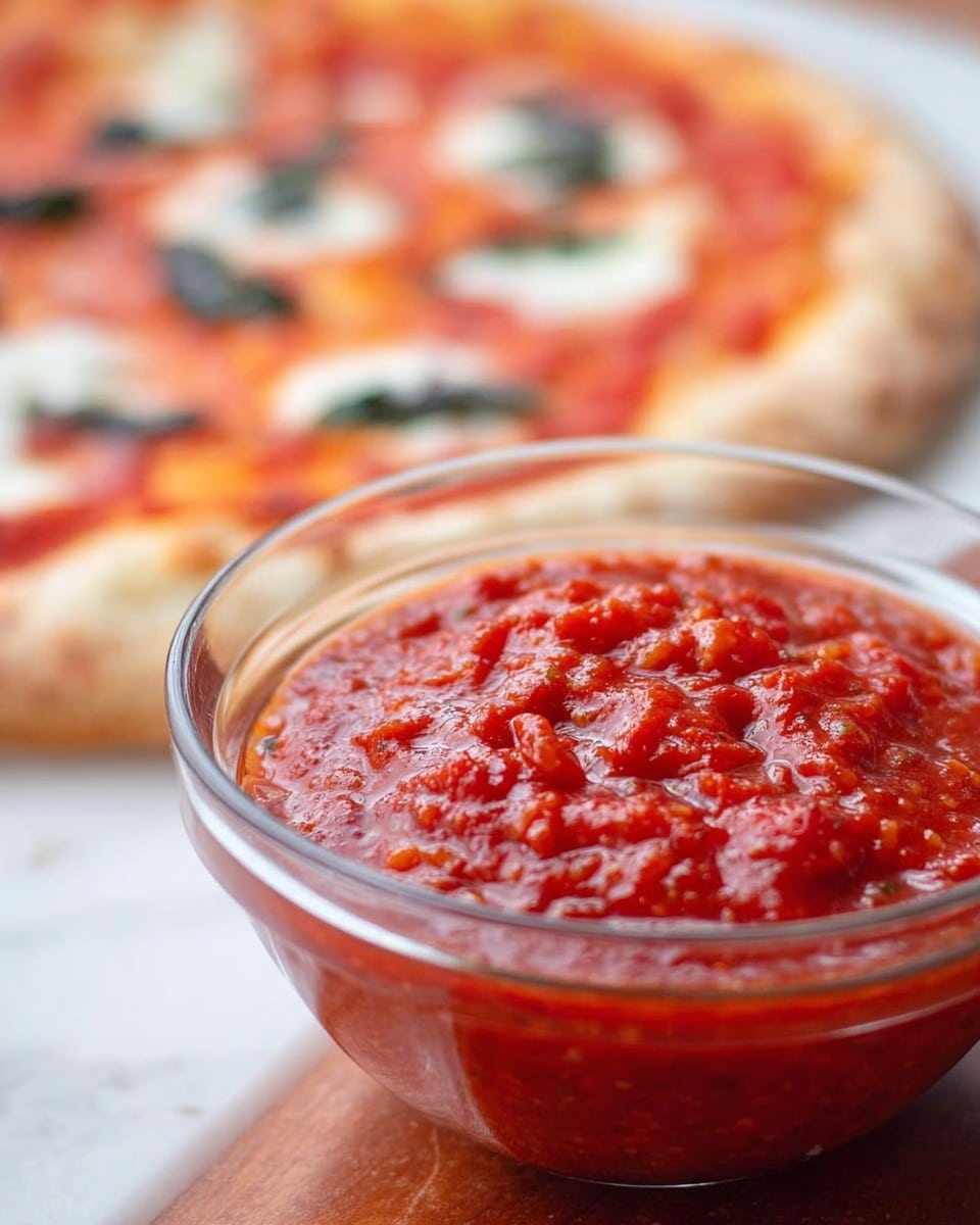 A clear glass bowl filled with thick, chunky red tomato sauce sits in the foreground, showing its coarse texture with visible bits of tomato and seeds. In the blurred background, there is a white marbled surface with a pizza featuring a light golden crust topped with patches of white melted cheese and dark green basil leaves scattered on bright red tomato sauce. The overall scene has warm tones with the focus on the rich, vibrant tomato sauce. Photo taken with an iphone --ar 4:5 --v 7