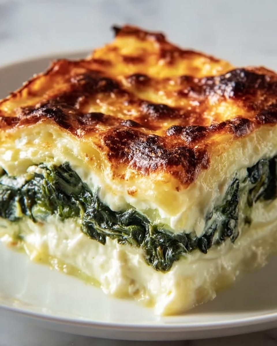 A close-up of a piece of baked spinach and cheese casserole showing three layers: a bottom layer of creamy white cheese mixed with spinach leaves, a middle layer of cooked dark green spinach, and a top layer of golden brown melted cheese with browned spots, all held together with a soft texture. The piece is placed on a white plate set on a white marbled surface. photo taken with an iphone --ar 4:5 --v 7