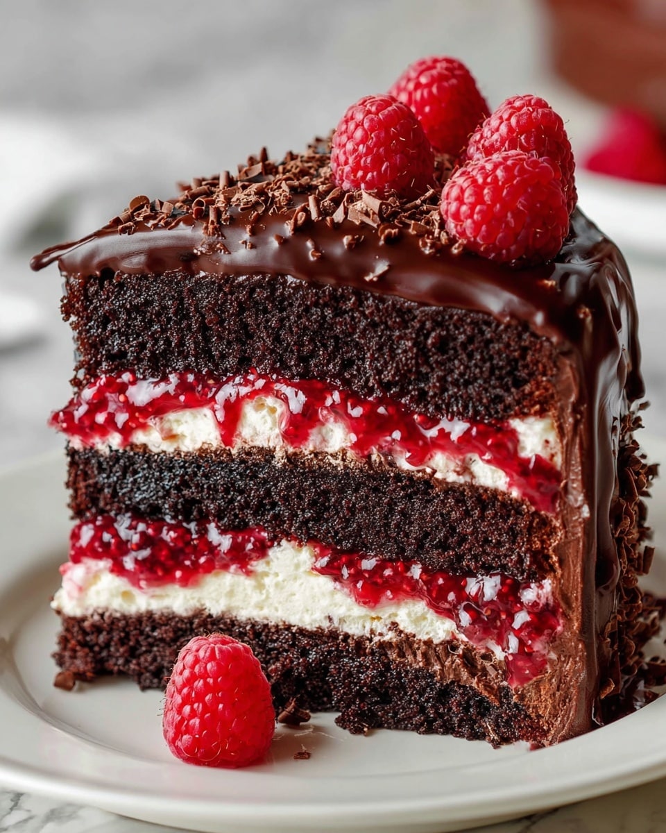A slice of chocolate cake with four distinct layers is shown on a white plate against a white marbled texture background. The bottom layer is dark, moist chocolate cake, followed by a creamy white layer. Above this is a thick layer of red raspberry jam with visible seeds, then another dark chocolate cake layer. The top layer is rich, smooth chocolate frosting that extends slightly over the sides, with a glossy finish and small chocolate shavings scattered on it. Four fresh, plump raspberries sit on top of the frosting, adding a bright red contrast, with one raspberry placed at the base of the slice on the plate. photo taken with an iphone --ar 4:5 --v 7