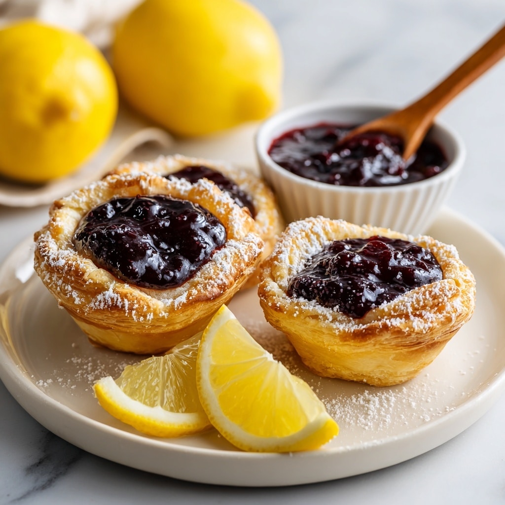 Two golden brown puff pastry cups with lightly crisp edges sit on a round white plate, each filled with a glossy dark purple berry jam. Around the cups is a sprinkle of white powdered sugar, some of it dusted on top of the pastries. On the plate next to the cups are three bright yellow lemon wedges with visible texture. Behind the pastries is a small white bowl filled with more of the purple berry jam, with a wooden-handled spoon inside it. The plate is set on a white marbled surface, with two whole lemons blurred in the background. photo taken with an iphone --ar 4:5 --v 7