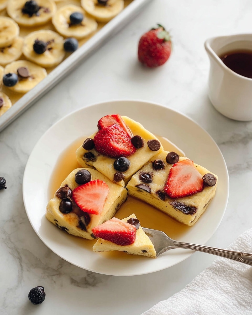 A rectangular metal baking tray holds a freshly baked, 16-piece sheet cake divided into four sections, each topped with a different fruit or chocolate chips. The top left section has a light yellow cake base with scattered dark brown chocolate chips. The top right section features a similar yellow cake base but topped with bright red sliced strawberries arranged evenly. The bottom left section showcases thin, circular banana slices placed neatly over the same yellow cake base. The bottom right section is decorated with evenly spaced small dark blue blueberries on the yellow cake. The tray sits on a white marbled surface, with a white cloth partly visible on the left and a white bowl of strawberries and a small white pitcher nearby. photo taken with an iphone --ar 4:5 --v 7