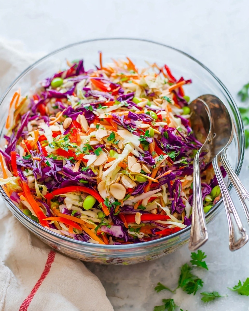 A large clear glass bowl filled with a colorful Asian slaw, showing many layers of thinly sliced purple cabbage, white cabbage, orange shredded carrots, and bright green edamame scattered throughout. Thin red bell pepper strips add brightness, while toasted almond slices are spread on top for texture. Fresh green herbs are sprinkled over the salad, giving a fresh look. Behind the bowl on a white marbled texture is a small dish of brown dressing and a small glass bowl of extra almond slices, with a silver serving spoon and fork resting on a white linen cloth nearby. Photo taken with an iphone --ar 4:5 --v 7