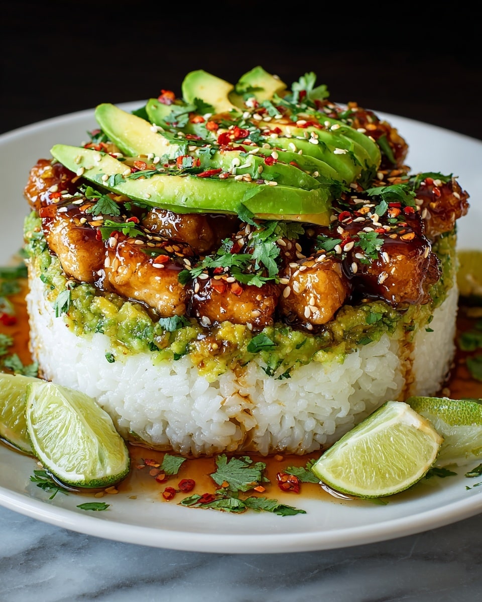 A round stack dish with three layers placed on a white plate, set on a white marbled surface. The bottom layer is white sticky rice, firm and compact, topped by a middle layer of green avocado mixed with herbs, creating a chunky texture. The top layer features glazed, browned chicken pieces with a shiny caramelized surface. On top of the chicken, thin slices of fresh avocado are arranged in a fan shape, sprinkled with sesame seeds and red chili flakes with green cilantro leaves scattered over everything. On the side of the plate, two lime wedges add a fresh touch. Sauce with chili flakes and herbs is drizzled around the stack. photo taken with an iphone --ar 4:5 --v 7