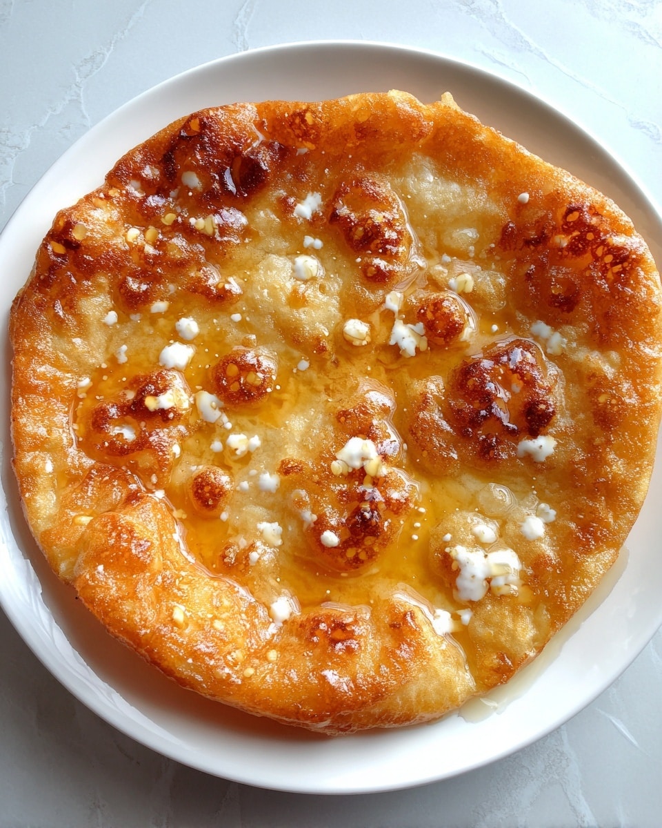 A round fried dough with an uneven bubbly surface and a golden-brown color sits on a white plate. The dough is shiny with dripping honey and has small patches of white creamy sauce scattered on top. A wedge of lemon with a pale yellow color rests on the plate's edge to the right. The white plate is set on a white marbled texture background. photo taken with an iphone --ar 4:5 --v 7