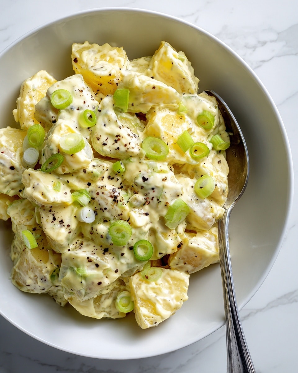 The image shows a close-up of a bowl filled with creamy potato salad. The bowl is white with a smooth texture, and the salad inside has diced pale yellow potatoes coated in a thick, pale yellow mayonnaise-based dressing. There are thin slices of green onion scattered throughout the salad, adding small pops of green color. Some black pepper is sprinkled on top, giving small black dots on the pale surface. A silver spoon is resting inside the bowl, partially covered with the salad. The background is a white marbled texture. Photo taken with an iphone --ar 4:5 --v 7