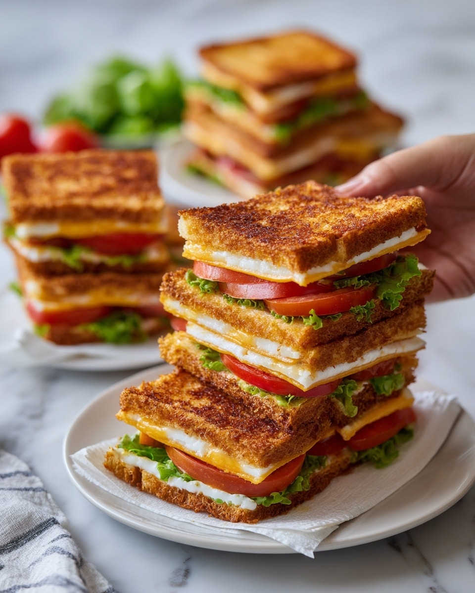 The image shows a table with three white plates, each holding a sandwich made of thick white bread with sesame seeds on top. The sandwiches have visible layers including green lettuce, red tomato slices, and creamy white cheese or sauce between the bread slices. The bread is toasted golden brown on the outside with a soft inside. Next to the plates is a larger white plate filled with the same sandwiches cut into smaller square pieces, stacked closely. A glass of water and a small cup with brown sauce and a spoon are also on a white marbled surface. A woman's hand is reaching toward one of the sandwiches. photo taken with an iphone --ar 4:5 --v 7