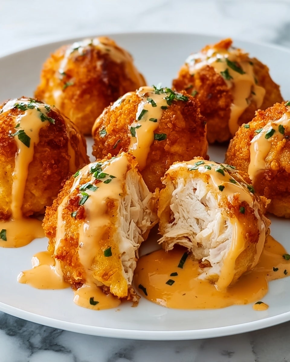 Several round, golden-brown crispy fried chicken balls are placed closely on a white plate with a white marbled texture underneath. One chicken ball in the front is cut open, showing shredded white chicken meat inside with a crispy crust around it. Bright orange creamy sauce is drizzled generously over the tops of all the chicken balls and pools onto the plate. Small green herb pieces are scattered on the chicken balls and on the plate for color contrast. The texture of the chicken looks crunchy and moist inside with the sauce smooth and glossy. Photo taken with an iphone --ar 4:5 --v 7