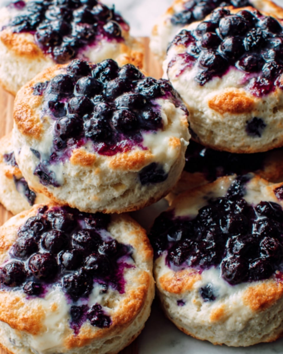 The image shows close-up of several round, golden-brown baked scones filled with fresh blueberries. Each scone has a soft, fluffy texture with a slightly crispy top, dotted with dark purple blueberries that burst with juice. The scones are stacked close together, some overlapping, on a white marbled surface. The light highlights the contrast between the warm toast color of the scone tops and the deep purple of the fruit. photo taken with an iphone --ar 4:5 --v 7