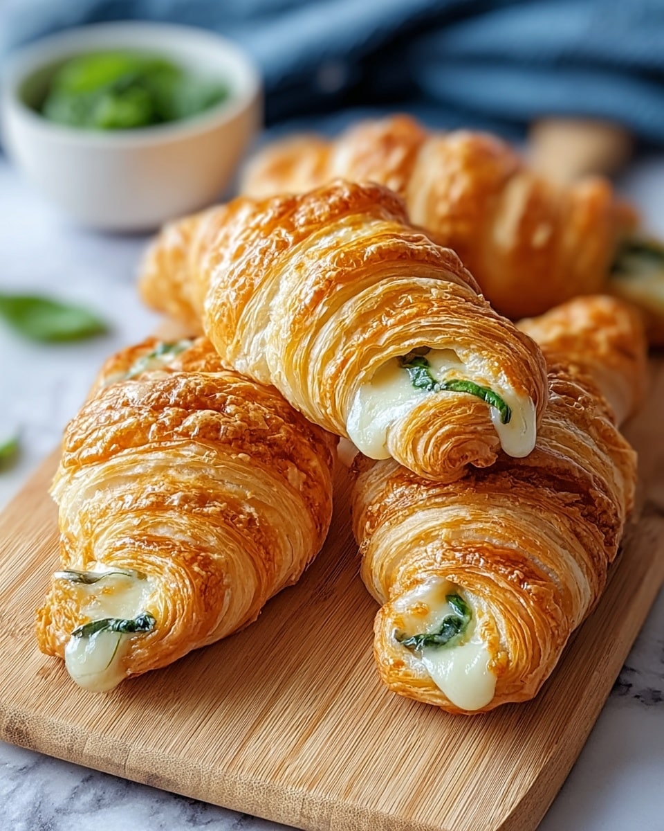 Three golden-brown croissants rest closely on a light wooden board. Each croissant has visible layers of crispy, flaky pastry in a rich amber color with a slight sheen, showing their well-baked texture. Between some layers near the center, there are patches of melted white cheese mixed with small green leaves, likely herbs, peeking out. In the blurred background on the right, a small white bowl holds a fresh green herb, adding a pop of vibrant color. The setting is arranged on a white marbled surface with a subtle hint of a blue cloth on the side, creating a clean and bright presentation. Photo taken with an iphone --ar 4:5 --v 7
