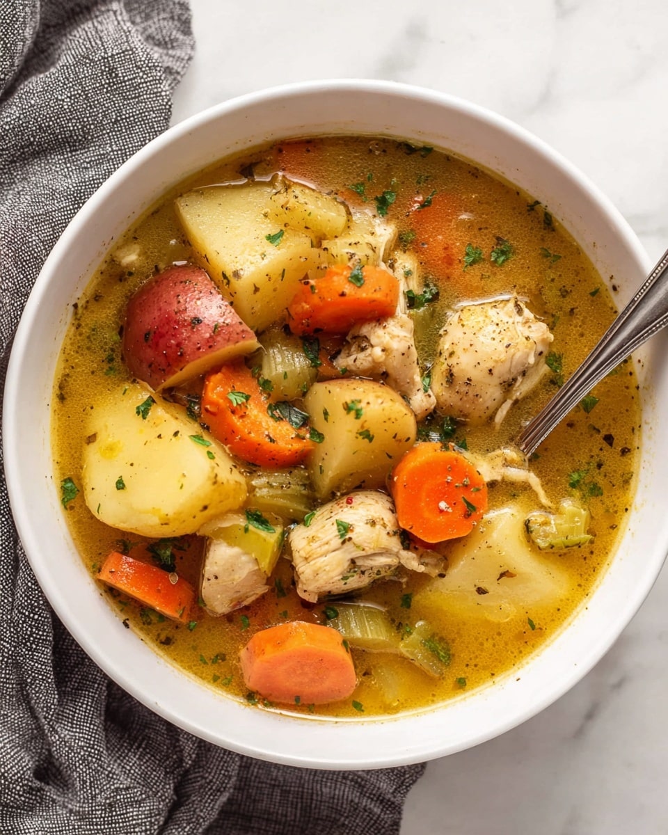 A white bowl filled with chicken stew showing several layers of chunky pieces: the top layer has light brown chicken chunks with a soft texture, surrounded by big slices of red and yellow potatoes with a smooth surface, thick slices of orange carrots, and light green celery pieces. The broth is a warm golden color with visible herbs and spices floating in it, creating a slightly oily texture on the surface. Small bits of green parsley are sprinkled over the stew. A silver spoon rests inside the bowl on the right side. The bowl sits on a white marbled surface with a gray textured cloth partially visible on the lower left side. photo taken with an iphone --ar 4:5 --v 7