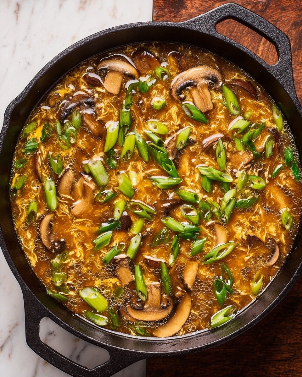 The image shows a black cast iron skillet filled with hot and thick soup. The soup has a rich brown broth with visible bubbles, textured with many slices of light and dark brown mushrooms spread evenly throughout. Bright green chopped spring onions are scattered on top, adding fresh color contrast. The broth looks slightly glossy and mixed with streaks of soft egg ribbons creating a marbled effect. The skillet rests on a white marbled texture surface, highlighting the dark pan and vibrant soup inside. photo taken with an iphone --ar 4:5 --v 7