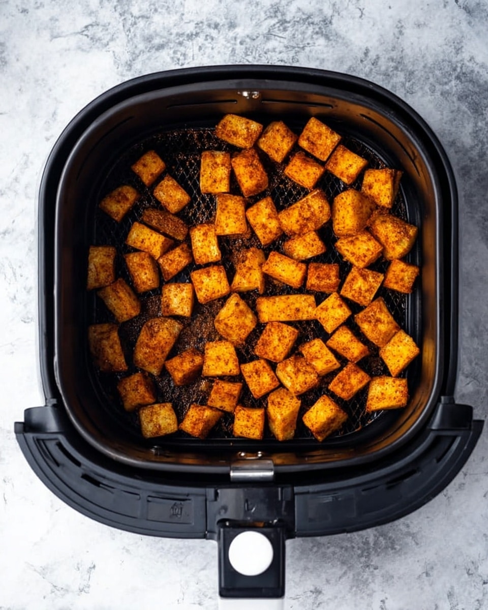 A close-up view of a light blue bowl filled with many small golden-brown crispy tofu cubes, each with a slightly rough and spiced surface. On the right side of the bowl, there is a smaller white bowl containing smooth, creamy white dipping sauce with soft swirls on top. The bowl sits on a white marbled texture surface, creating a clean and bright background. photo taken with an iphone --ar 4:5 --v 7