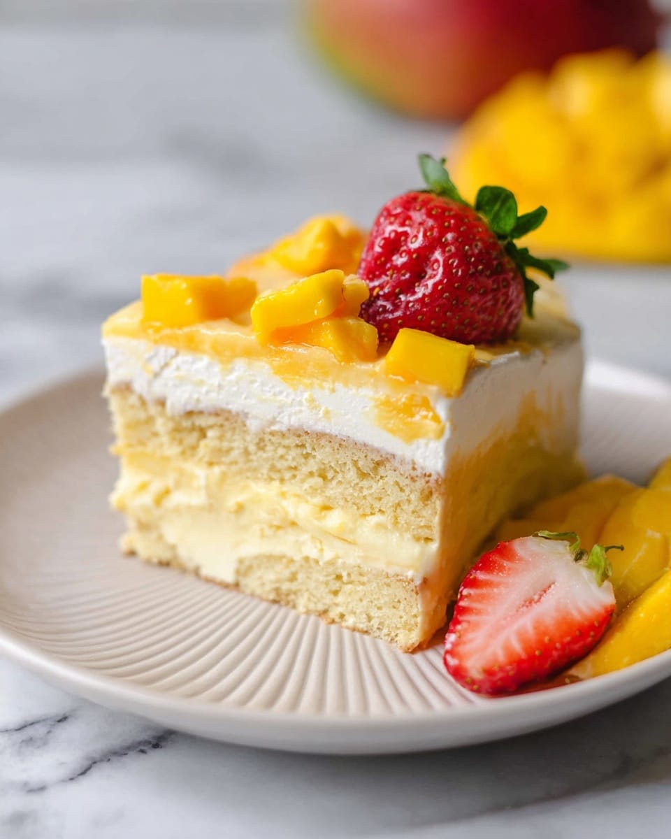 A slice of creamy yellow cake with three clear layers sits on a white plate with subtle ridges. The bottom layer is a moist, pale yellow cake, the middle layer is thinner and smooth white cream, and the top layer is a thick, light yellow custard with small chunks of bright orange mango scattered on it. A halved red strawberry with green leaves rests on top, along with a few mango pieces on the plate's edge. The white marbled surface and blurred mangoes and strawberries appear subtly in the background. photo taken with an iphone --ar 4:5 --v 7