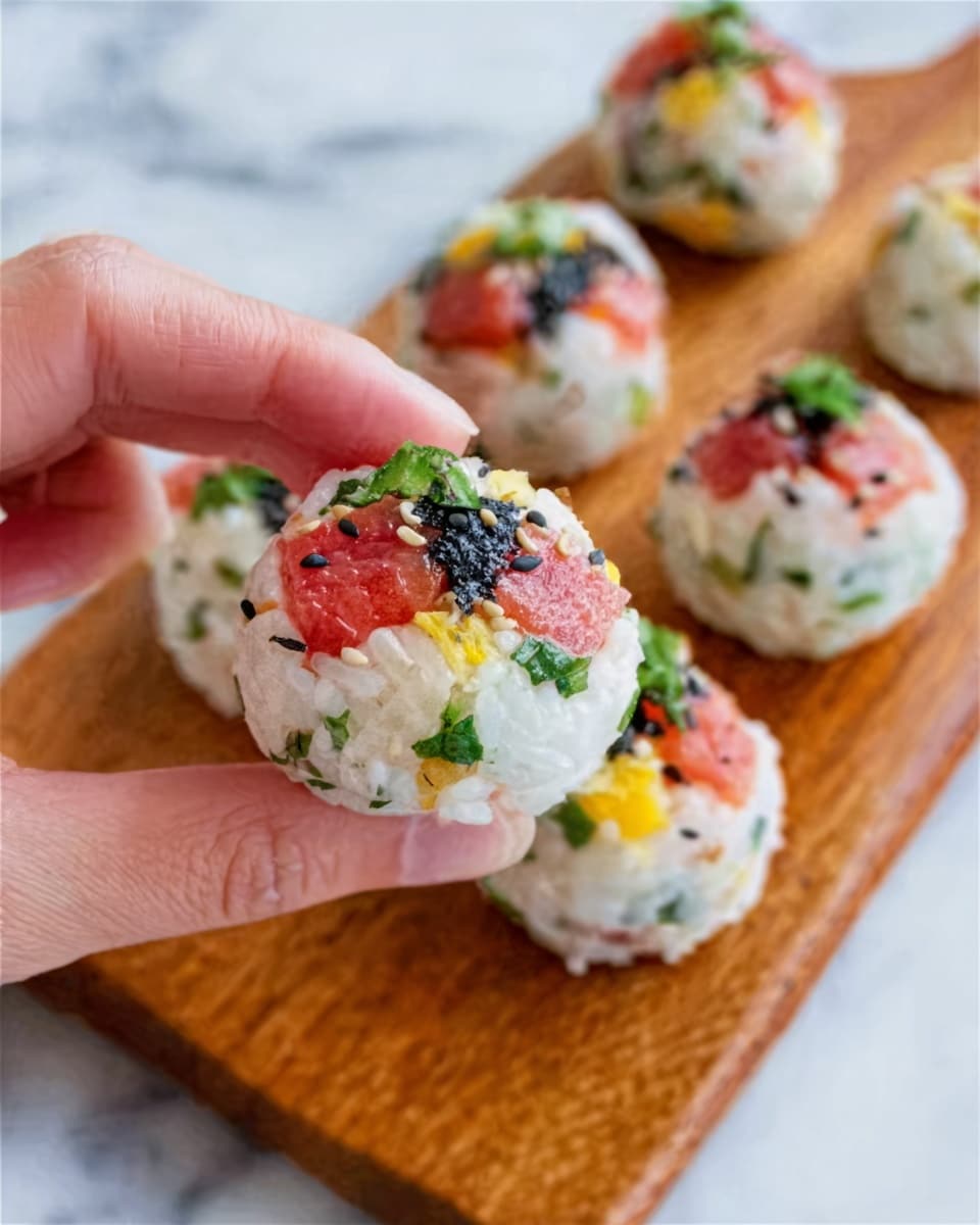 A woman's hand is holding a small round sushi ball made of white sticky rice mixed with chopped green herbs and small yellow bits. On top of the rice ball are small cubes of red and pink fish with black sesame seeds sprinkled over them. More sushi balls are placed on a brown wooden board in the background, all showing similar colors and textures. The setting has a white marbled surface beneath the board. Photo taken with an iphone --ar 4:5 --v 7
