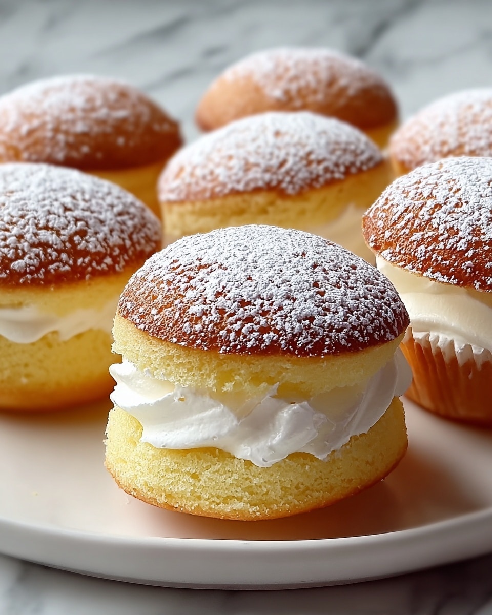 A close-up of a small cupcake cut in half and filled with white cream in the middle, topped with powdered sugar. The cupcake has a soft, light yellow cake layer on top and bottom, with the white cream layer sandwiched inside. The texture of the cake looks moist and fluffy, and the powdered sugar on top gives it a snowy look. The cupcake sits on a white plate with similar cupcakes blurred in the background, all on a white marbled surface. Photo taken with an iphone --ar 4:5 --v 7