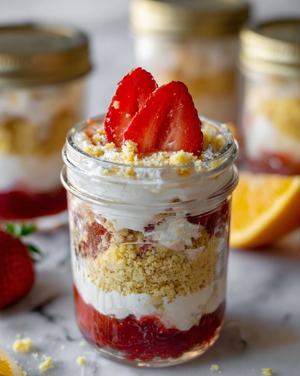 The image shows a close-up of small clear glass jars filled with a layered dessert placed on a white marbled surface. Each jar contains three main layers: at the bottom is a golden crumbly layer with a rough texture, followed by a thick, white, creamy layer with a smooth appearance and specks of oats or grains mixed in, and at the top, fresh red strawberry slices arranged neatly, partially covered with some more golden crumbs sprinkled over them. The jars are open, and the focus is on the nearest jar while the others are slightly blurred in the background. Photo taken with an iphone --ar 4:5 --v 7