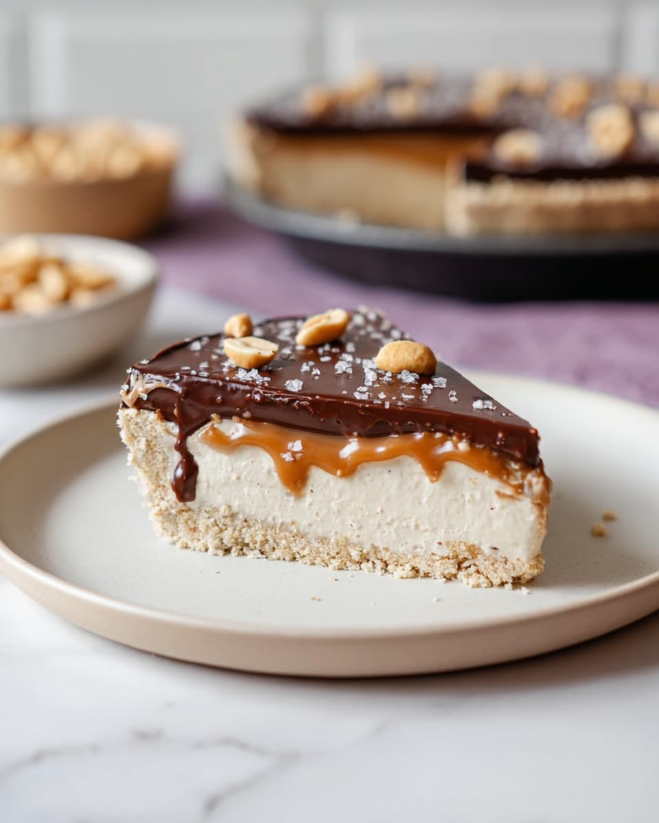 A slice of pie with four layers sits on a plain white plate: the bottom layer is a light beige crumb crust with a rough texture, the thick second layer is a smooth creamy off-white filling, the third is a thin caramel layer with peanuts partly visible and some caramel dripping down the sides, and the top layer is a glossy dark chocolate sheet sprinkled with coarse salt. In the blurred background is the rest of the pie in a pan and a beige bowl with peanuts on a purple mat, all placed on a white marble surface. photo taken with an iphone --ar 4:5 --v 7