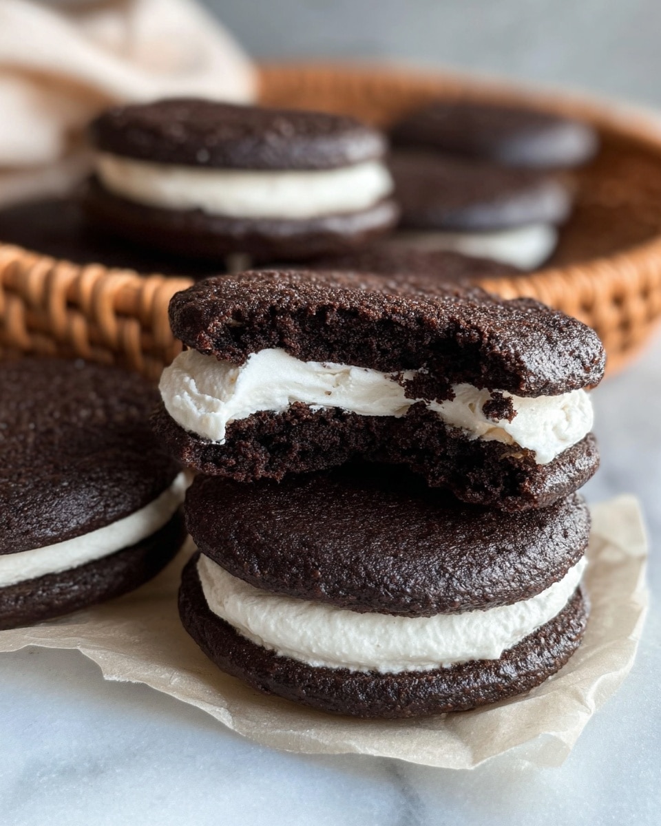 The image shows eight round dark chocolate cookies arranged on light brown parchment paper placed on a white marbled surface. Each cookie is topped with one thick layer of white frosting that looks creamy and slightly textured with soft peaks and swirls. The cookies’ rich black color contrasts with the smooth, bright white frosting on top, making the icing stand out. The cookies are evenly spaced, and no other items are visible in the frame. Photo taken with an iphone --ar 4:5 --v 7