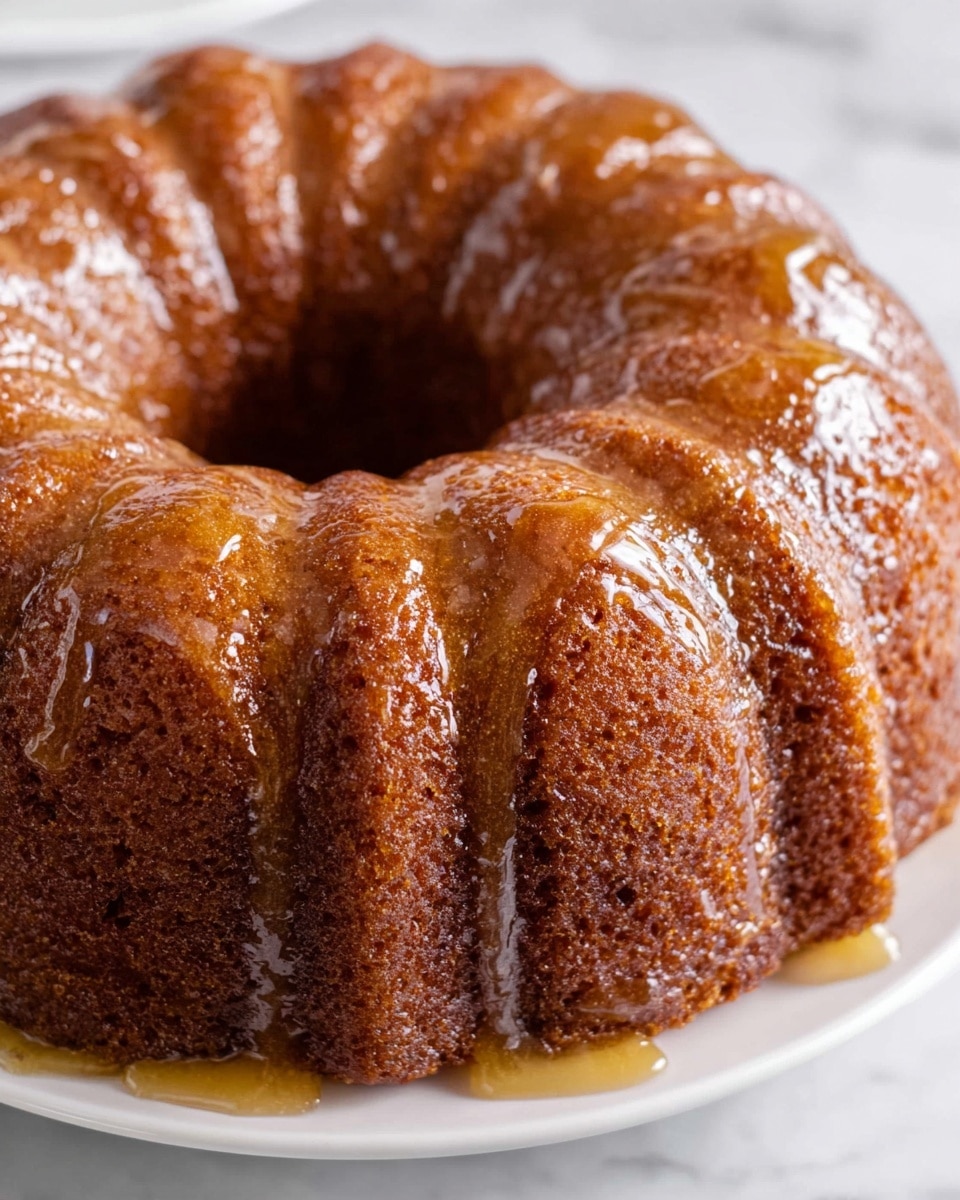 A close-up view of a single-layer bundt cake with a shiny, sticky glaze covering the top and sides. The cake is a rich golden brown with a slightly rough texture, showing the moistness of the cake beneath the glaze. The bundt cake has distinct ridges and an open center, sitting on a white plate placed on a white marbled surface. Photo taken with an iphone --ar 4:5 --v 7