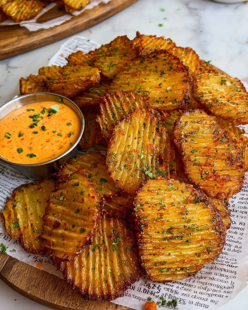 The image shows a round wooden board topped with a layer of printed parchment paper, filled with multiple ridged, golden-brown, crispy potato slices that appear to be seasoned with herbs and spices, giving them a speckled green and red color. The potato slices are arranged closely together with some overlapping. On the left side, there is a small round silver metal container filled with an orange creamy dip garnished with chopped green herbs. The background is a white marbled texture. Photo taken with an iphone --ar 4:5 --v 7