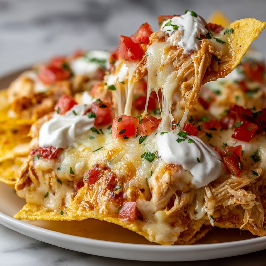 A white rectangular dish filled with layers of crispy yellow tortilla chips at the bottom, topped with shredded chicken covered in melted, gooey layers of white and orange cheddar cheese. On top, there are scattered small red diced tomatoes and green cilantro leaves. A dollop of smooth white sour cream sits near the center. Woman's hand is lifting a portion, pulling up cheese strands stretching from the dish, with some chips sticking out at the edges around the lifted piece. The dish rests on a white marbled textured surface. photo taken with an iphone --ar 4:5 --v 7
