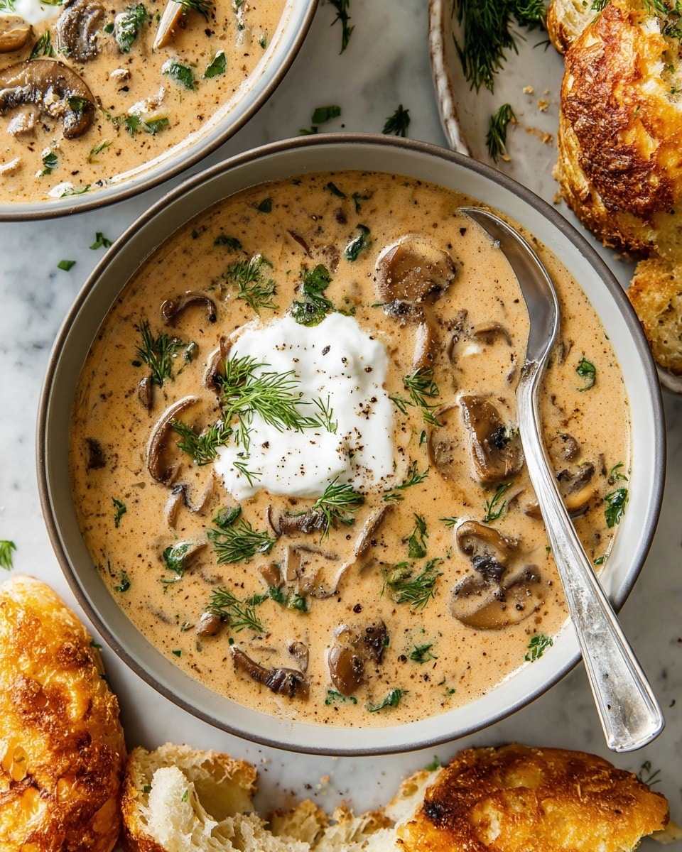 A creamy mushroom soup fills the entire image, showing a thick, smooth beige broth with visible small mushroom pieces and herbs mixed in. At the center, a silver ladle holds a portion of the soup, reflecting the same creamy texture with mushroom chunks and fresh green parsley leaves on top. Around the ladle, the soup surface is scattered with coarsely chopped green parsley and cracked black pepper for a fresh and slightly textured contrast. The scene is set on a white marbled surface, enhancing the warm earthy colors of the soup and fresh herbs. Photo taken with an iphone --ar 4:5 --v 7
