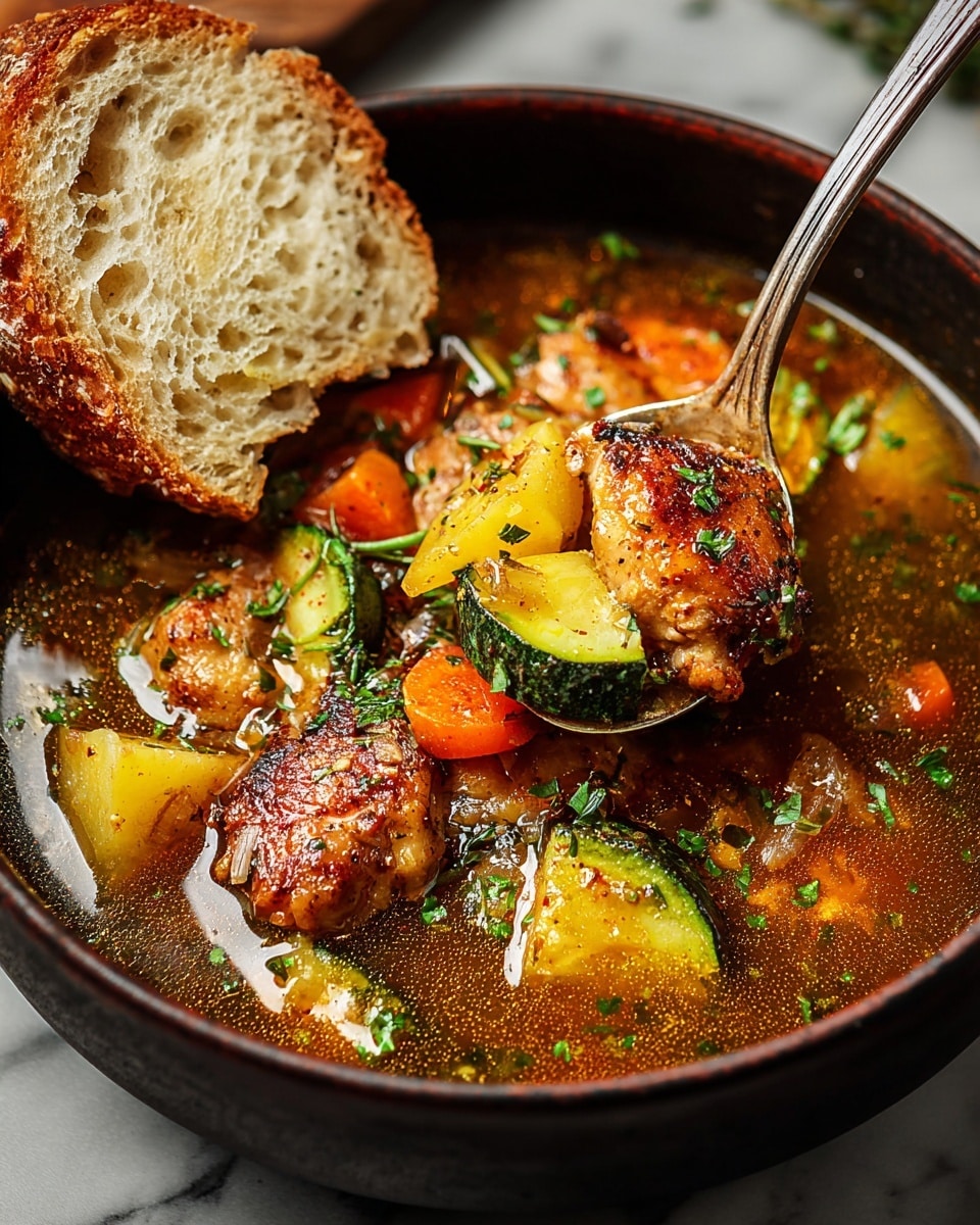 A dark brown bowl filled with a thick vegetable and chicken stew rests on a white marbled surface. The stew has many visible layers: chunks of browned chicken with a crispy surface, bright orange carrots, green zucchini slices, and yellow potato pieces submerged in a rich, brownish broth speckled with herbs. A silver spoon scoops up a piece of chicken, a yellow potato, and a zucchini chunk, all glistening with the broth and flecked with green herbs. A piece of crusty sliced bread leans on the side of the bowl, showing its soft, porous inside and golden crust. Fresh chopped herbs are sprinkled on top, adding a green contrast to the warm colors. Photo taken with an iphone --ar 4:5 --v 7