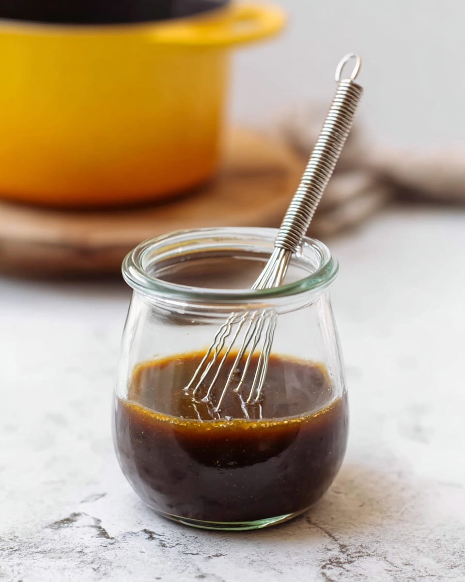 A small clear glass jar filled halfway with thick, light brown sauce with a smooth, glossy texture, while the same sauce slowly drips from a spoon held just above the jar. The background shows a blurred bowl with green salad, and the whole scene is set on a white marbled surface. photo taken with an iphone --ar 4:5 --v 7