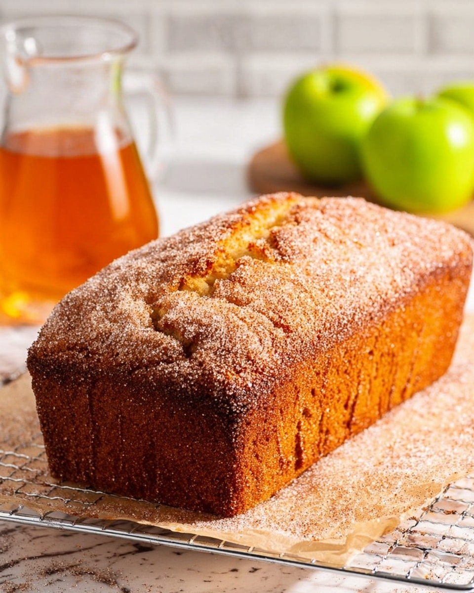 A close-up of a single thick slice of golden brown bread with a rough, crumbly texture on the inside and a slightly darker, crispy crust dusted with sugar on top. The bread slice sits upright on a white marbled surface, showing a soft and moist interior with small air holes throughout. To the right, there are two cinnamon sticks partly visible, and a small white bowl filled with a cinnamon-sugar mix in the foreground. In the blurred background, a green apple and a jar of honey add soft green and yellow tones. photo taken with an iphone --ar 4:5 --v 7