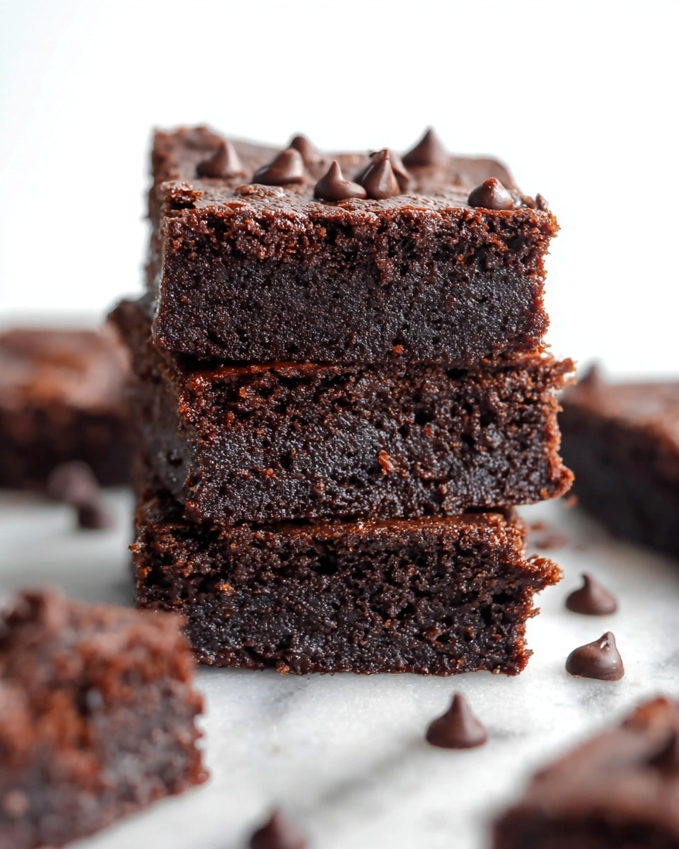 A stack of moist, dark brown chocolate brownies cut into square shapes sits on a white parchment paper atop a black wire rack. The brownies have a rich, dense texture with visible chocolate chips both inside and scattered on top, some partially melted. The top brownie piece has a bite taken out of the corner, showing the soft and fudgy inside. The background features a white marbled texture surface with a few chocolate chips scattered around the brownies. photo taken with an iphone --ar 4:5 --v 7