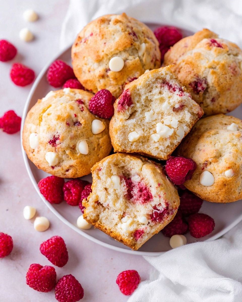 A white plate is filled with several golden-brown muffins dotted with bright red raspberries and white chocolate chips, some fully whole and some broken open to reveal a soft, moist inside speckled with red raspberry pieces and small white chips, with one muffin split in half showing its crumbly texture. Around the muffins on the plate and the white marbled surface are scattered fresh red raspberries and white chocolate chips, adding pops of color. A white cloth is casually placed near the edge of the plate, softening the scene. photo taken with an iphone --ar 4:5 --v 7