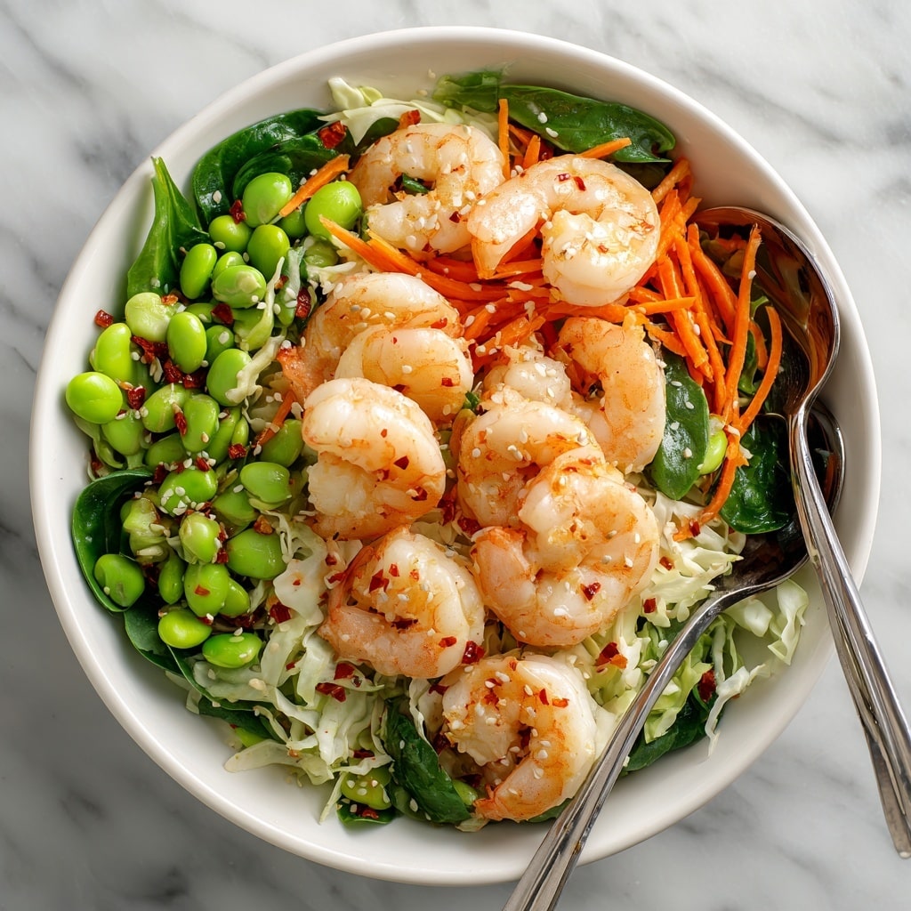 This image shows a white bowl filled with a colorful shrimp salad in three main visible layers. The bottom layer is shredded white cabbage mixed with thin orange carrot strips. On top of that, there are many large steamed shrimp with a light pink color. Scattered throughout the shrimp and cabbage are bright green edamame beans and deep green spinach leaves. The salad is sprinkled evenly with small tan sesame seeds and little red chili flakes. Two shiny metal salad spoons rest partially inside the bowl on the right side. The bowl sits on a white marbled surface. Photo taken with an iphone --ar 4:5 --v 7