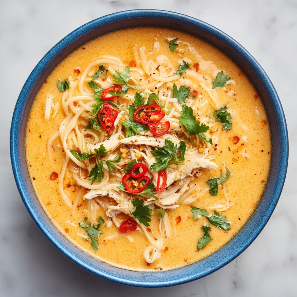 A close-up view of a bowl filled with creamy yellow soup that has a smooth texture, containing thin white noodles spread throughout the bowl in soft, loose layers. Bright red chili peppers are placed on top, some partly dipped inside, adding a contrast of color and a hint of spice. White shredded chicken pieces are mixed in with the noodles, adding texture and chunkiness to the dish. Scattered green parsley leaves float on the surface, giving a fresh touch of color. The bowl is white, and the background is a white marbled surface. Photo taken with an iphone --ar 4:5 --v 7