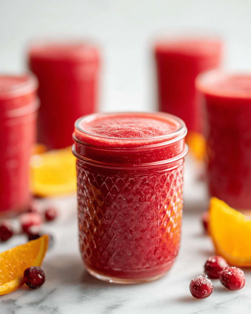The image shows a close-up of a textured glass jar filled to the top with a bright red smoothie. The smoothie has a thick consistency with a slightly frothy surface. Around the jar are small red berries scattered on a white marbled surface, and pieces of orange wedges placed near the jar, adding a pop of yellow and orange color. In the background, there are four more similar jars filled with the same red smoothie, slightly out of focus, creating depth. The scene is well-lit, highlighting the vibrant colors and smooth texture of the drink. photo taken with an iphone --ar 4:5 --v 7