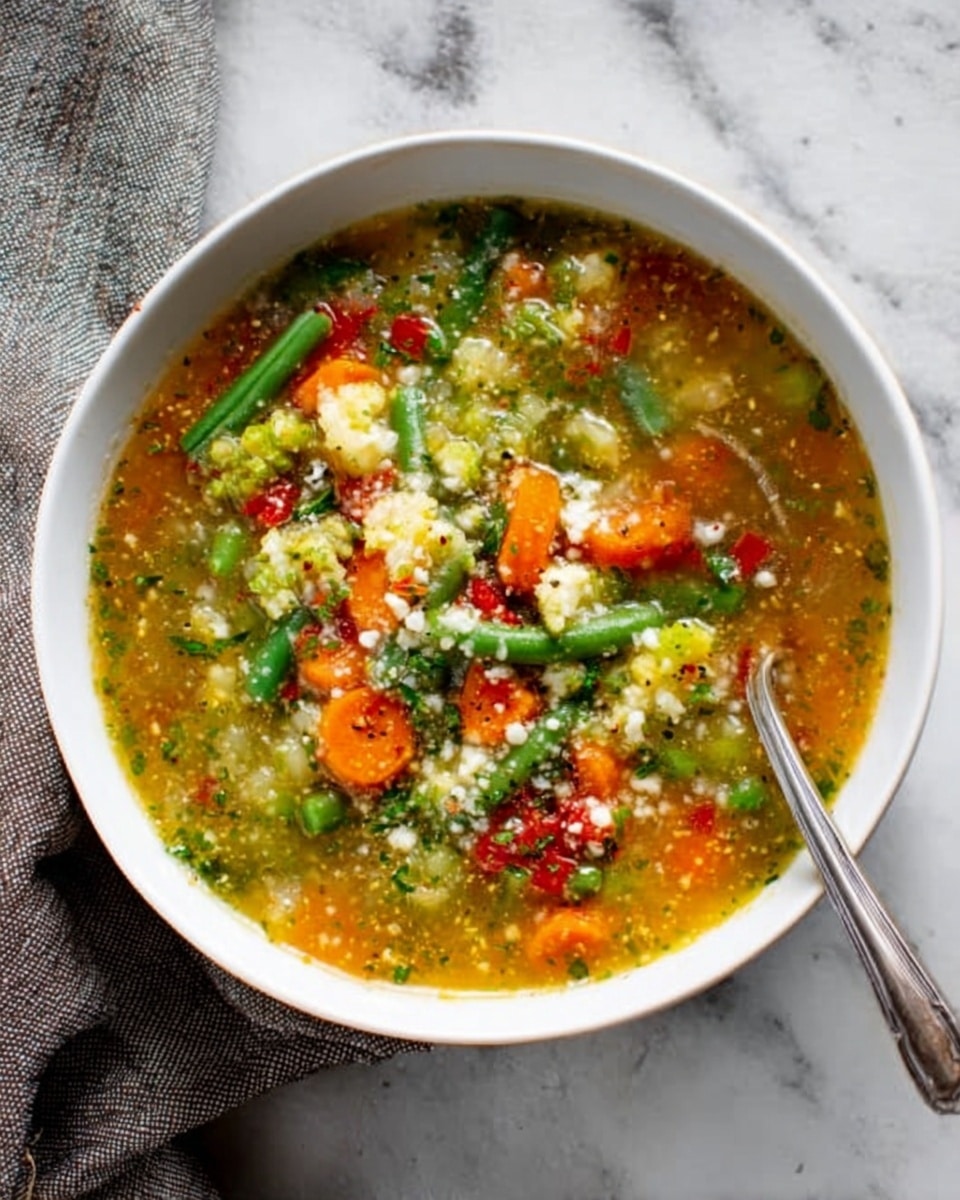 A close-up image showing a spoon filled with a thick soup that has small pieces of shrimp, orange carrot bits, white cauliflower florets, and green herbs, all mixed in a brownish broth. The background shows more of the soup in a white bowl sitting on a white marbled textured surface, with the soup's ingredients visible in layers, showing bits of red and green vegetables throughout. Photo taken with an iphone --ar 4:5 --v 7