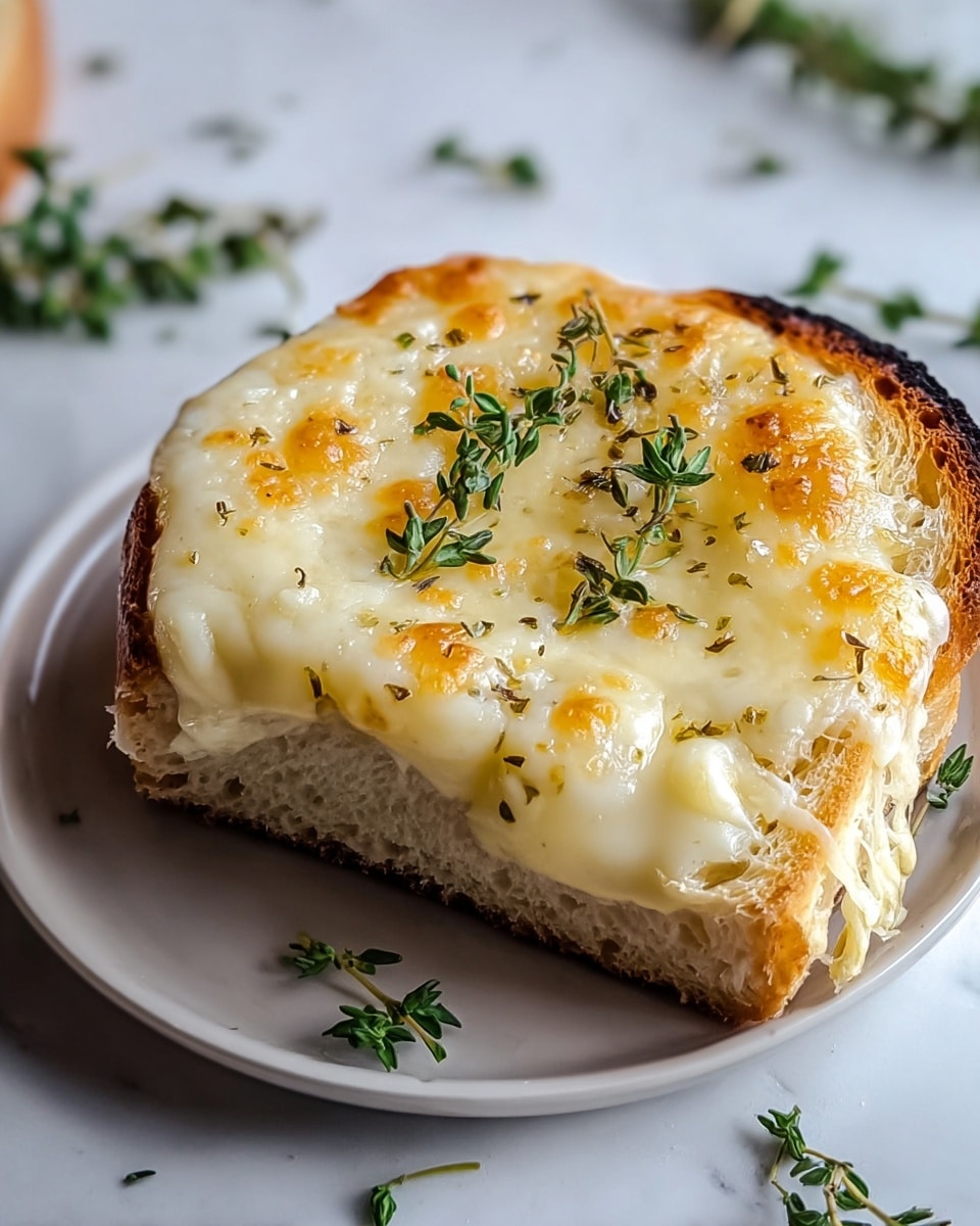 A thick square piece of bread forms the base layer, its soft white interior and slightly crusty edges visible. On top, there is a smooth, creamy layer of melted cheese that covers the bread completely and drips down one side. The cheese is golden brown and bubbly in places, with a glossy texture. Fresh green thyme stems are scattered on the cheese, adding a pop of color and freshness. The dish sits on a small black plate, which is placed on a white marbled surface with a few additional thyme sprigs scattered around. photo taken with an iphone --ar 4:5 --v 7