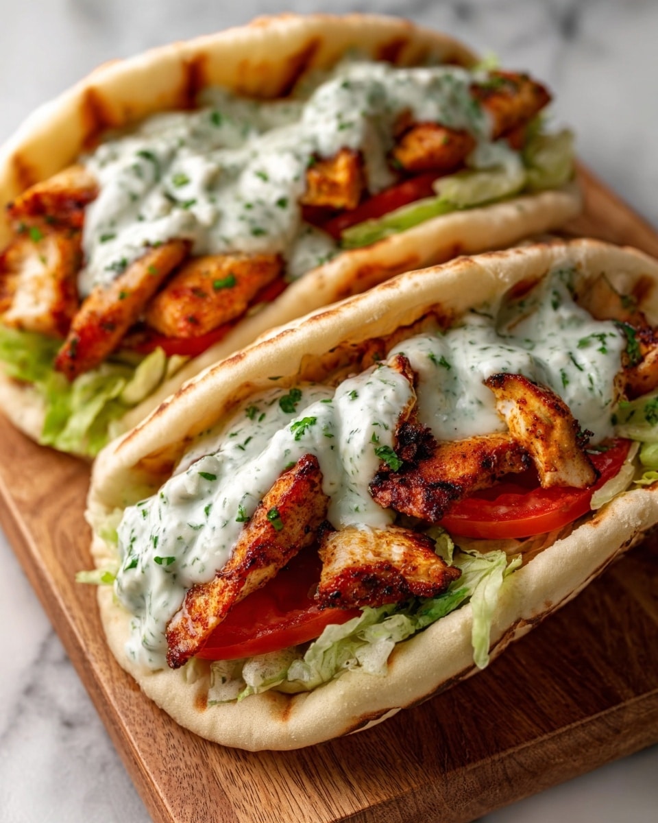 Three flatbreads are laid out side by side on a wooden board with parchment paper beneath them, all placed on a white marbled surface. Each flatbread is golden brown and soft with slightly puffed and charred edges. They are topped with shredded light green lettuce as the bottom layer, followed by chunks of grilled chicken that are golden orange with dark grill marks. A creamy white sauce with green herbs is drizzled over the chicken and lettuce. To the right of the flatbreads, there is a small round bowl of the same white sauce with green herbs, and at the top left corner, a bowl with a spoon inside also contains the sauce. Photo taken with an iphone --ar 4:5 --v 7