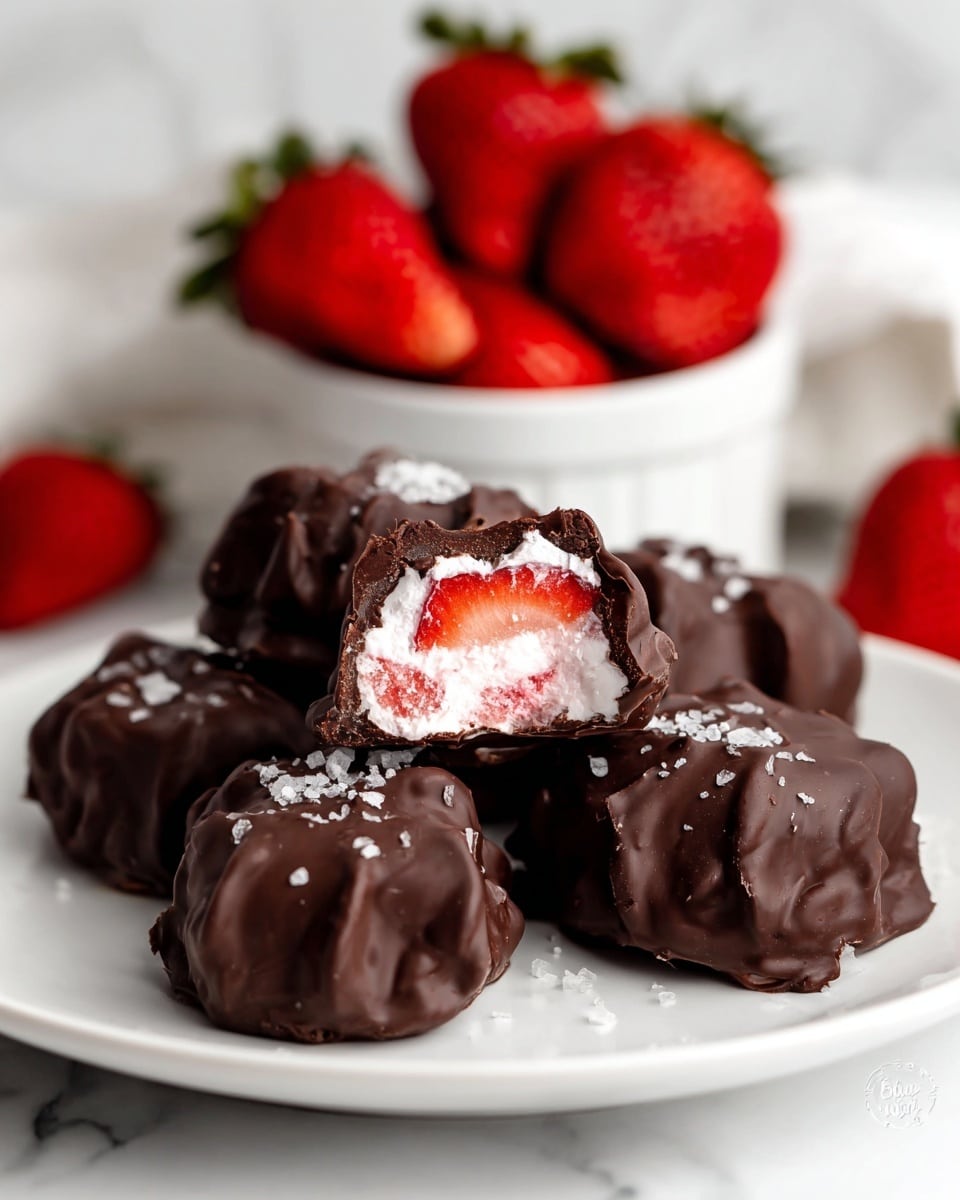 A white plate holds several dark chocolate-covered treats sprinkled with large salt crystals, each piece showing a rough, textured surface with chocolate drizzles. One piece is cut open on top of the others, revealing a soft, creamy pink and white filling layered with bright red fresh strawberry chunks inside, adding a vibrant contrast to the dark chocolate. In the background, a white bowl filled with whole and sliced strawberries sits on a white marbled surface, blurred softly to keep focus on the treats in the front. photo taken with an iphone --ar 4:5 --v 7