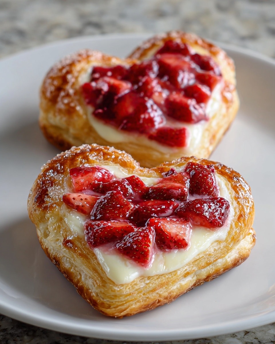 The image shows several heart-shaped pastries arranged closely on white parchment paper over a wooden board. Each pastry has three visible layers: the bottom layer is a golden-brown flaky puff pastry with a textured, crispy look; the middle layer is a smooth, white creamy filling that fills the inner heart shape; and the top layer consists of chunky pieces of bright red strawberries that shine with a glossy glaze. The strawberries sit neatly inside the creamy layer, slightly overlapping and adding a fresh, juicy appearance. The photo is focused on the front pastry with a soft blur on the others in the background, all set on a white marbled texture. Photo taken with an iphone --ar 4:5 --v 7