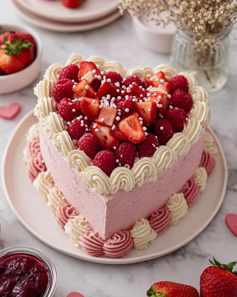 A heart-shaped cake with three main layers: the base layer is covered in smooth pink frosting, topped with a ring of light pink dollops around the bottom edge, and then another layer of pink frosting piped in swirls. The top surface of the cake is filled with fresh, bright red strawberries and raspberries, sprinkled with tiny white bits for decoration. The edges of the top are decorated with two rows of piped frosting in white and pink, creating a ruffled border. The cake sits on a white plate placed on a white marbled surface, surrounded by loose strawberries and raspberries, a small white bowl with red berry sauce, and a clear glass jar with dried flowers. Photo taken with an iphone --ar 4:5 --v 7