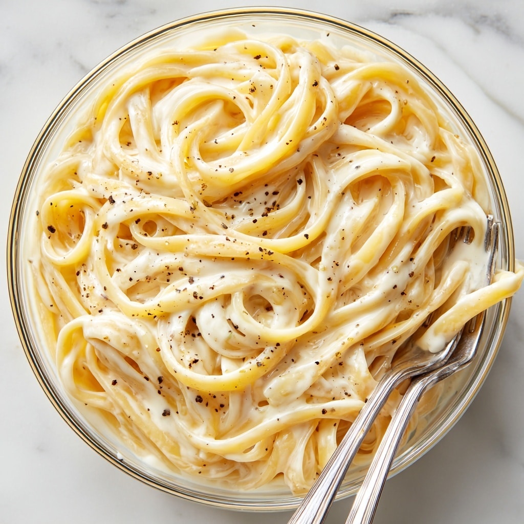 The image shows a white deep dish filled with creamy fettuccine pasta. The bottom layer is a smooth, thick white sauce that coats the noodles. The middle and top layers consist of long, flat pasta strips, pale yellow in color, twisted and spread around the dish. Light specks of black pepper are scattered evenly on the surface. Two silver spoons rest inside the dish, partially lifting some pasta. The dish sits on a white marbled surface. photo taken with an iphone --ar 4:5 --v 7