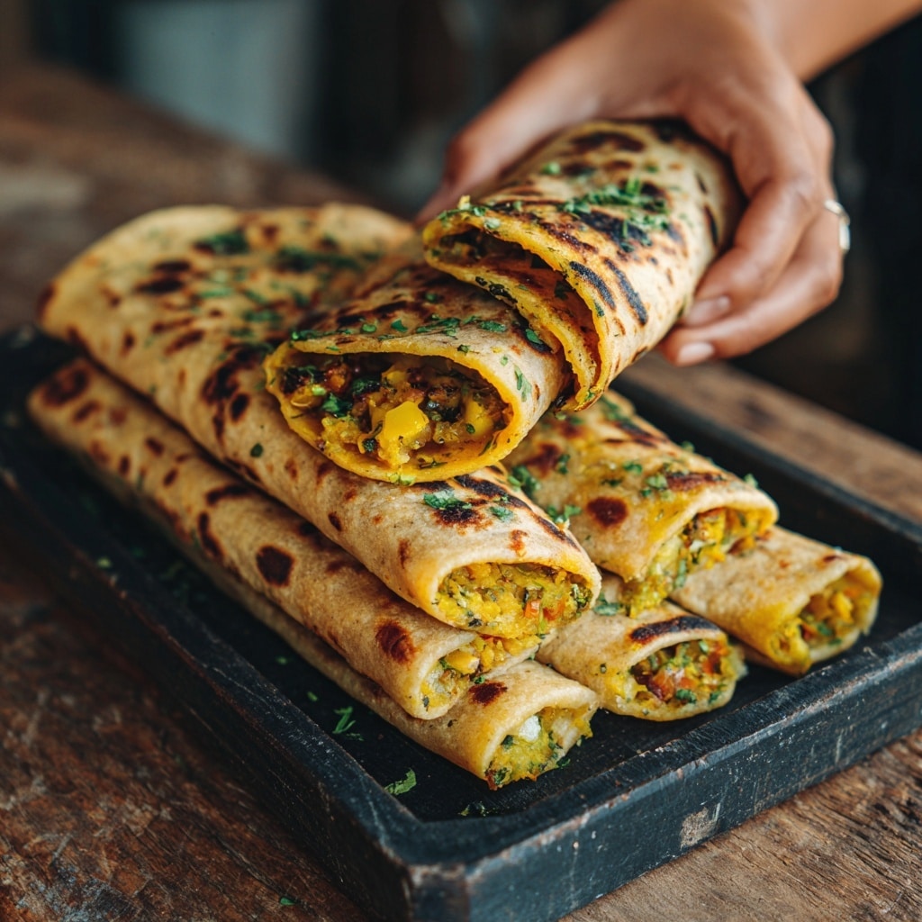 The image shows six rolled tortillas filled with a yellowish-orange mixture of soft, chunky vegetables and melted cheese, visible at the open ends. The tortillas are slightly browned and sprinkled with red seasoning and small green herbs on top. They are stacked in a slightly messy pile on a dark slate serving board, which sits on a rustic wooden surface. In the background, a white baking tray with more rolled tortillas is partially blurred, along with a light gray cloth nearby, all set on a white marbled texture. photo taken with an iphone --ar 4:5 --v 7