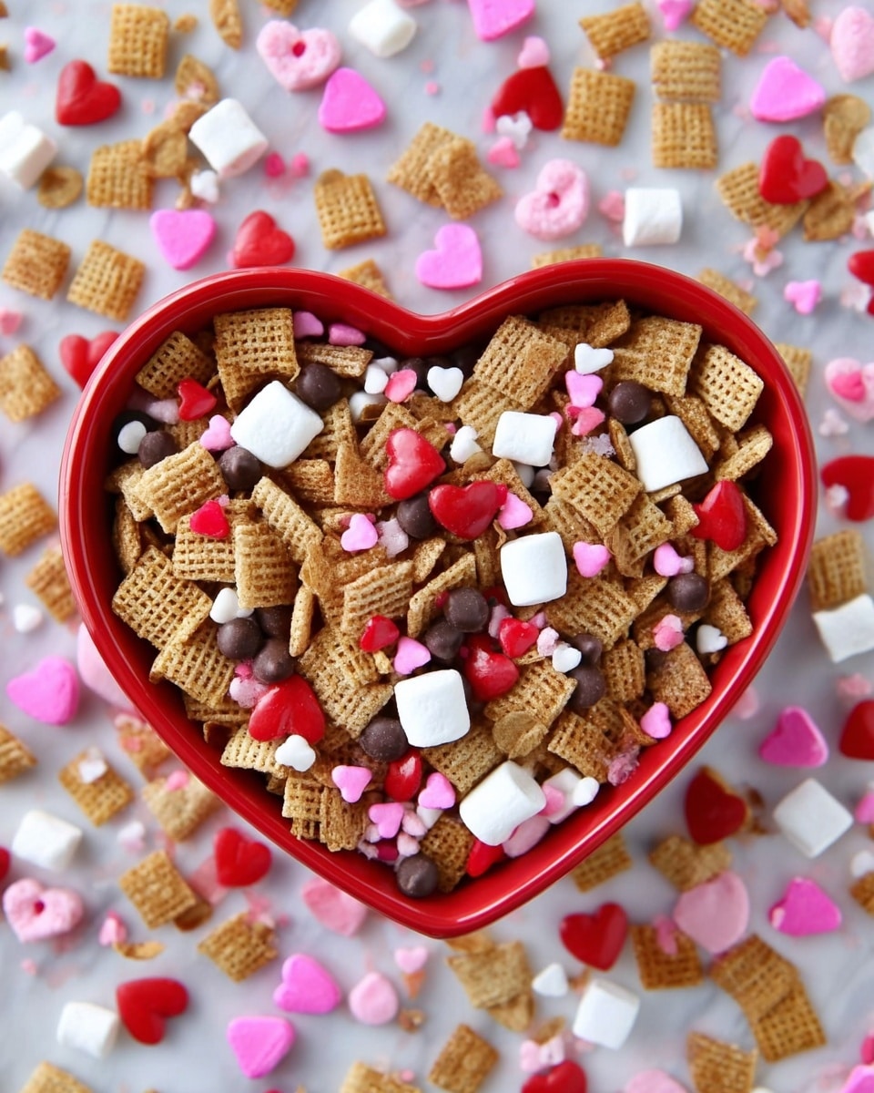 A red heart-shaped bowl filled with a colorful mix of light brown cereal squares, white mini marshmallows, bright pink and red candy-coated chocolates, small dark brown chocolate chips, and red and pink heart-shaped sprinkles. The mix is densely packed inside the bowl, with some pieces slightly overlapping. The bowl sits on a white marbled surface with scattered cereal pieces, chocolates, marshmallows, and heart-shaped sprinkles surrounding it, creating a lively and festive scene. photo taken with an iphone --ar 4:5 --v 7