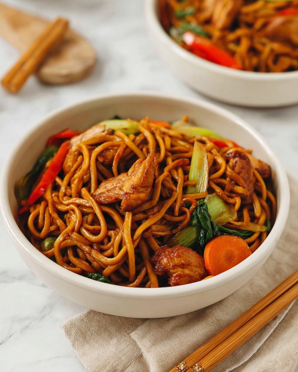 A white bowl filled with thick, glossy brown noodles mixed with pieces of browned chicken, bright green leafy vegetables, and slices of red bell pepper and orange carrot. The noodles are layered in the bowl with the chicken pieces sitting on top, showing their slightly crispy texture. The bowl rests on a white marbled surface with a beige cloth napkin and a pair of wooden chopsticks wrapped in a light brown holder nearby. Another white bowl with similar noodles is blurred in the background. photo taken with an iphone --ar 4:5 --v 7