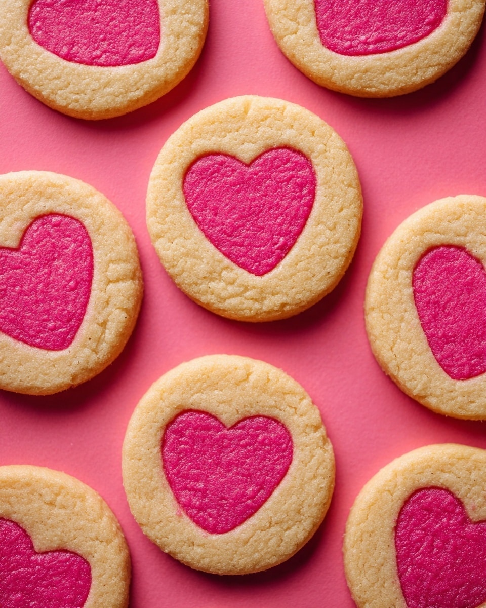 The image shows a close-up of several round cookies arranged on a bright pink flat surface. Each cookie has two layers: the outer layer is a light golden-brown color with a smooth texture, and the inner layer is a smaller heart shape in the center, colored bright pink with a slightly rougher texture. The hearts are evenly placed in the middle of each cookie. The cookies are laid out in a slightly overlapping pattern, filling the frame with no plate visible. Photo taken with an iphone --ar 4:5 --v 7