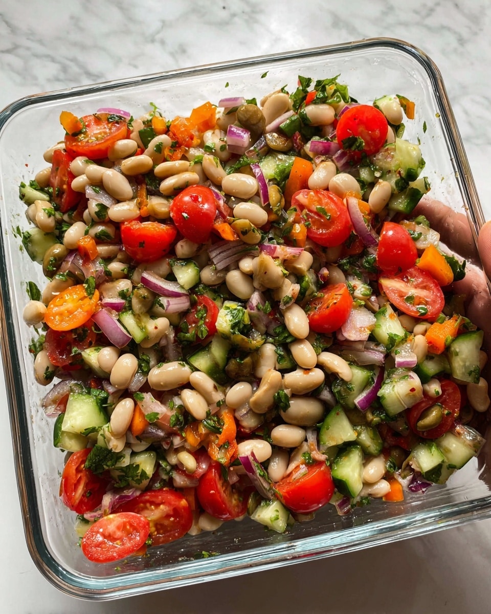 A close-up image of a fresh bean salad in a clear glass square dish, showing three main visual layers: the top layer with small white beans scattered evenly, the middle layer filled with vibrant red cherry tomato halves and diced orange bell peppers, and the bottom layer mostly made up of small green cucumber chunks mixed with finely chopped red onions and bits of fresh green herbs. Bright green parsley leaves and darker olive pieces are also mixed throughout, adding texture and color contrast. A woman's hand is partly visible holding the dish on the right side, with the setting on a white marbled surface. photo taken with an iphone --ar 4:5 --v 7