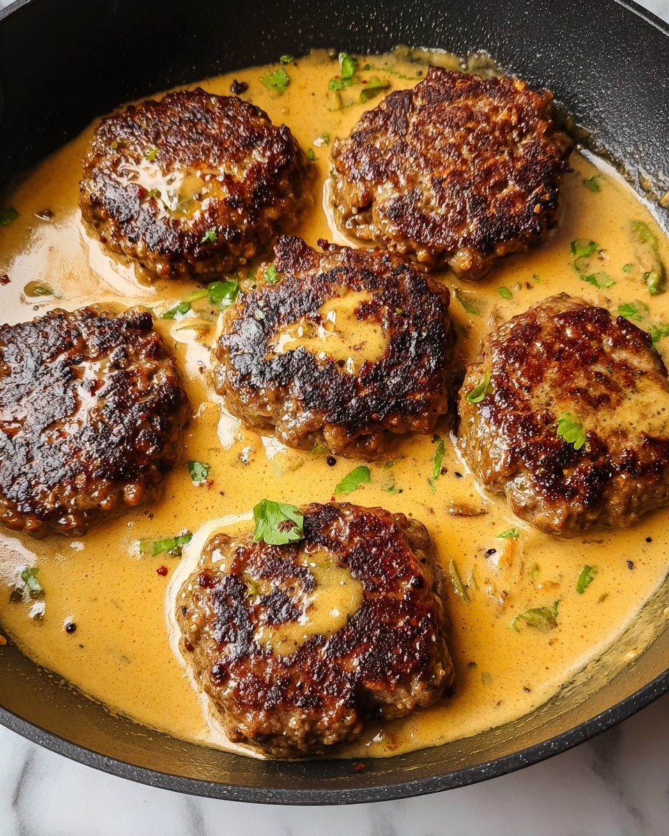 Two browned, round patties sit stacked on a white plate, each topped and surrounded by a thick, smooth orange gravy speckled with small green herbs and tiny bits of vegetables. To the right, the gravy slightly covers chunky pieces of yellow squash and green vegetables mixed together in a soft, glossy sauce. The plate rests on a white marbled surface, with a striped cloth partially visible on the left side. photo taken with an iphone --ar 4:5 --v 7