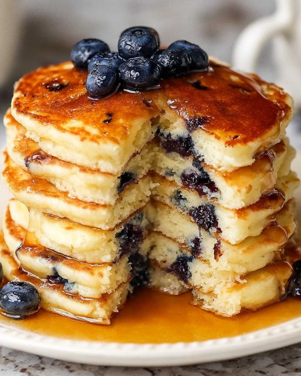A stack of six thick, fluffy pancakes with a golden brown outside and a soft, light yellow inside is shown on a white plate. Blueberries are embedded inside each pancake layer, their dark blue color contrasting with the pale pancake. Four shiny fresh blueberries sit on the top pancake, covered in golden syrup that drips slightly down the sides of the stack. The syrup pools gently at the base of the plate, with the white marbled surface barely visible. The front section of the stack is bitten away, revealing the moist, dense texture and scattered blueberries within the pancakes. Photo taken with an iphone --ar 4:5 --v 7
