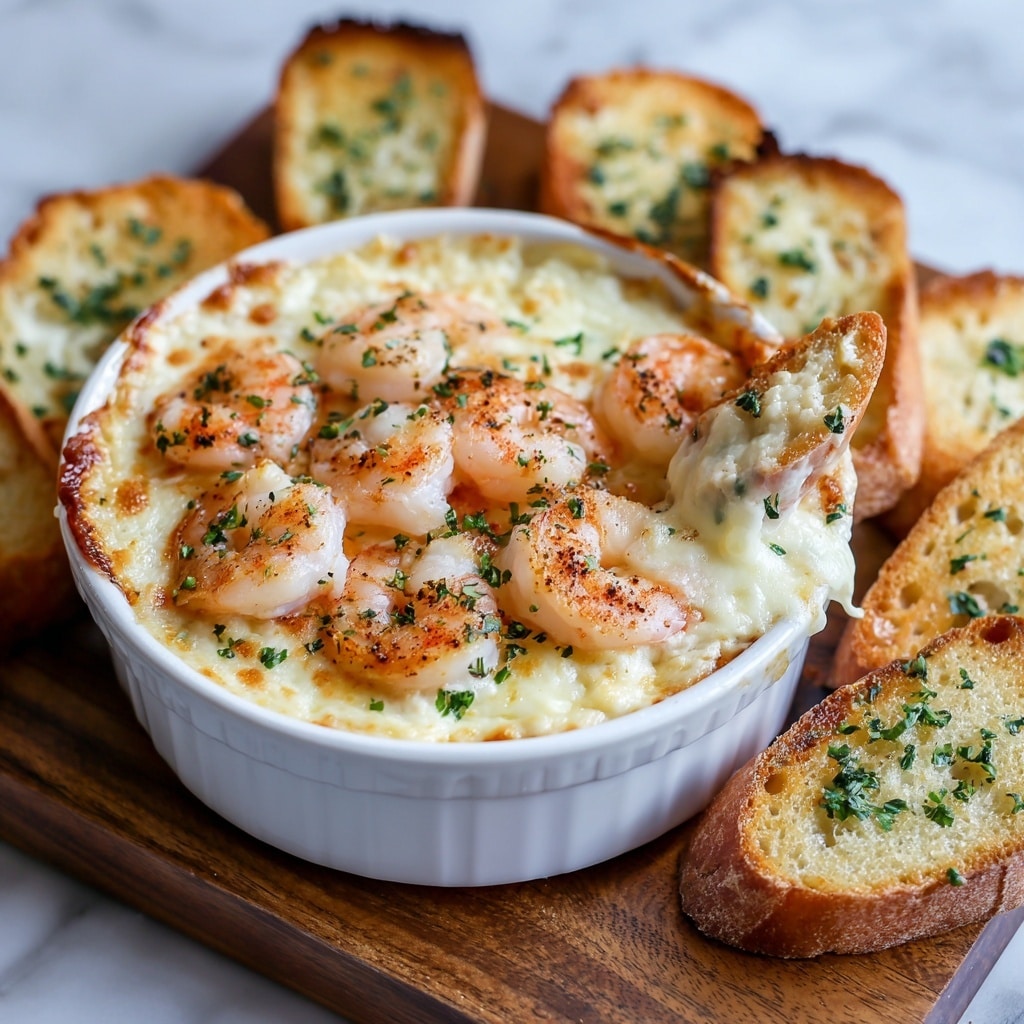 A white bowl filled with a creamy, melted cheese layer that is golden brown in spots on top, covering a thick mix. On top of the cheese layer, there are pink and white shrimp lightly sprinkled with green chopped herbs and a bit of seasoning. A piece of toasted bread with a dark golden brown, crispy texture is placed upright, partially dipped into the cheesy mixture. In the background, there is a ring of toasted bread slices with a similar golden brown, crispy look, all placed on a white marbled textured surface. photo taken with an iphone --ar 4:5 --v 7